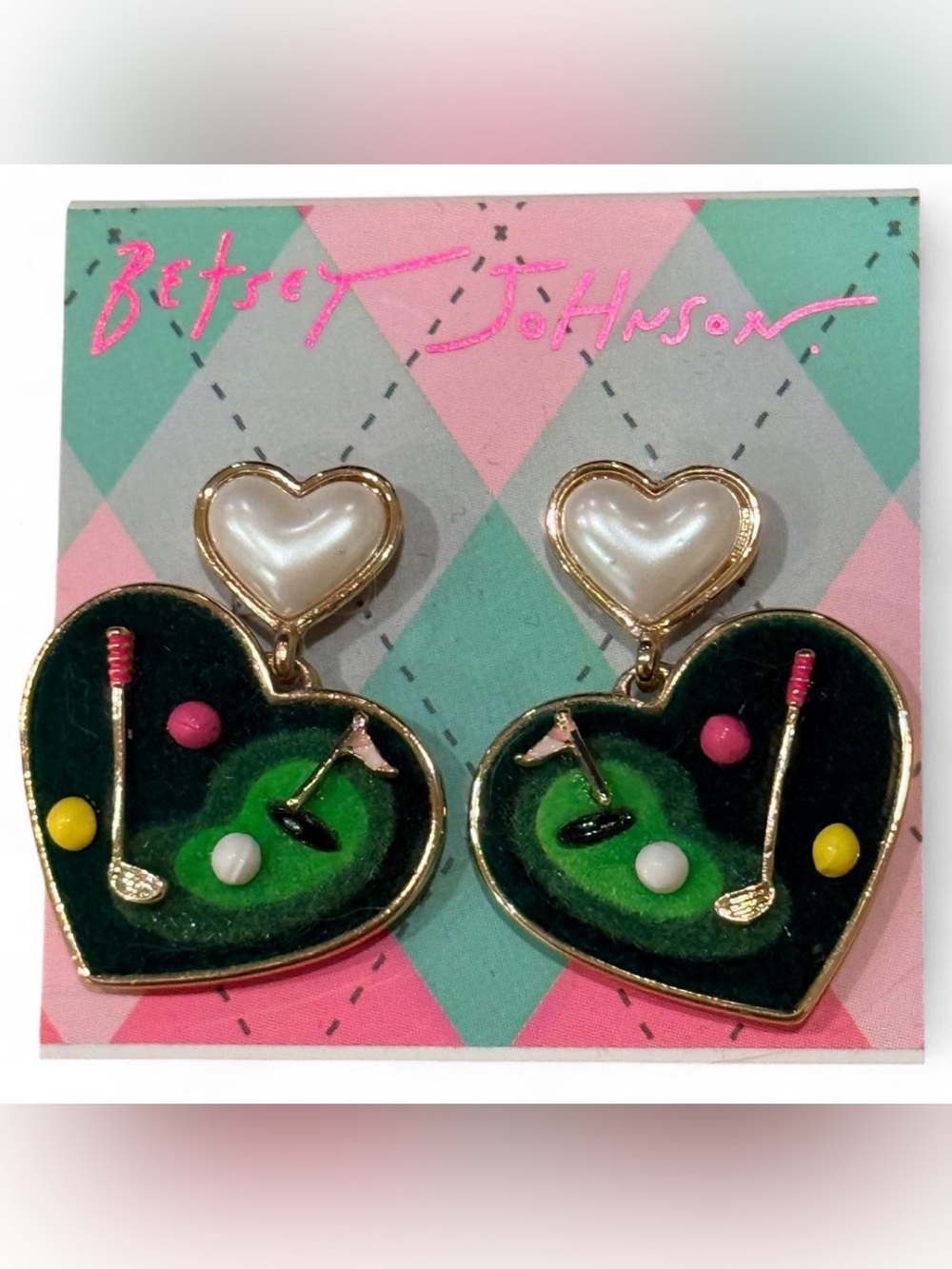 Betsey Johnson Golf Country Club Pearl Heart Velvet Drop Earrings NWT Rare
